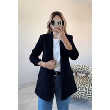 BeeYouStudio Siyah Kolları Büzgülü Kruvaze Yaka Düğmesiz Blazer Ceket