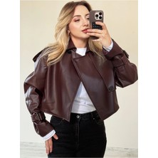 BeeYouStudio Kolları Kemerli Tek Düğmeli Bordo Deri Ceket M