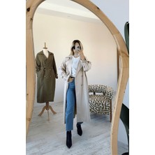 BeeYouStudio Ekru Kruvaze Yaka Kolları Kemerli Düğmeli Uzun Trençkot M