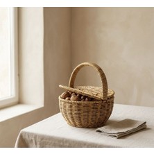 Bienca Kapaklı Rattan Hasır Sepet 20 cm – Mini Piknik Sepeti, Yumurta Sepeti, Dekoratif Saklama Sepeti
