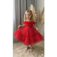 Ayyılmaz Kız Çocuk Pürpür Abiye Elbise Ekstra Tül Detaylı Beli Lastikli KIRMIZI