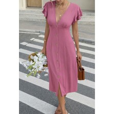 Stelol Kadın Kısa Kollu V Yakalı Önden Düğmeli Bürümcük Midi Elbise