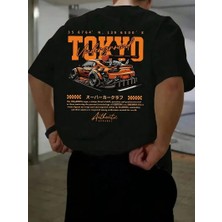 Glam Love Turuncu Spor Araba Grafik Tişört - "tokyo" Baskılı- Siyah -