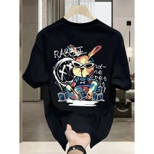 Glam Love Güneş Gözlüğü Grafikli Karikatür Tavşan Oversize Kısa Kollu Çift Tişört, - Siyah -