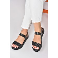 Fox Shoes Siyah Hakiki Deri Örgü Modelli Günlük Kadın Sandalet M291053603