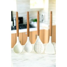 Feyza Design Bambu Saplı 4 Parça Silikon Mutfak Servis Seti Krem Renk