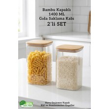 Fithome 2'li Bambu Kapaklı Kare Hava Geçirmez Bakliyat Gıda Saklama Kabı - 1400 ml