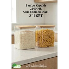 Fithome 2'li 2100 ml Ekstra Geniş Hacim – Fonksiyonel Dikdörtgen Tasarım Bambu Kapak Bakliyat Saklama Kabı