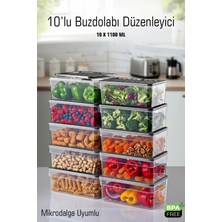 Fithome 10’lu Buzdolabı Düzenleyici Saklama Kabı Seti 1100 ml Mikrodalga Uyumlu Bpa Difriz Düzenleyici