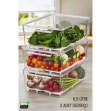 Fithome 3 Adet Büyük Boy Kapaklı Süzgeçli Buzdolabı Organizeri Düzenleyici Şeffaf Sebze Meyve Saklama Kabı