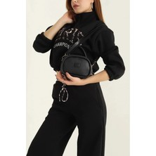 Siyah Mini Deri Crossbody Kadın Çanta Gold Detaylı