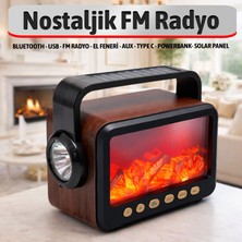 Badem10 Nostaljik Şömine Tasarımlı Radyo Bluetooth Ses Bombası Powerbank Type C Şarjlı Güneş Enerjili Radyo