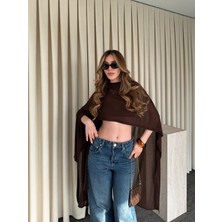 Laluvia Kahverengi Muadil Tasarım Triko Pelerin Şal - 5241