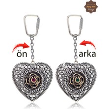 Midyat Nurtaş Gümüş Yakut ve Zümrüt Taşlı Kalp Model Çift Taraflı Oksitli Gümüş Telkari Anahtarlık 201025186