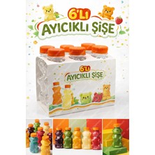 M&B Water Bottle 6'lı Ayıcıklı Boş Meyve Suyu Şişesi - 250 ml Turuncu Kapaklı Smoothie ve Ayran Şişesi