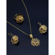 Midyat Nurtaş Gümüş Safir Taşlı Gül Model Kadın Gold Kaplama 925 Ayar Gümüş Telkari Üçlü Set 201025204