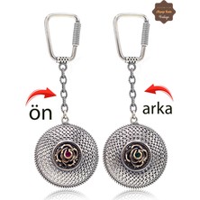 Midyat Nurtaş Gümüş Yakut ve Zümrüt Taşlı Çiçek Model Çift Taraflı Oksitli Gümüş Telkari Anahtarlık 201025176