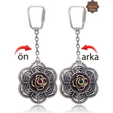 Midyat Nurtaş Gümüş Yakut ve Zümrüt Taşlı Gül Model Çift Taraflı Oksitli Gümüş Telkari Anahtarlık 201025185