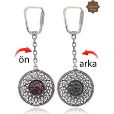 Midyat Nurtaş Gümüş Yakut ve Zümrüt Taşlı Damla Model Çift Taraflı Oksitli Gümüş Telkari Anahtarlık 201025177