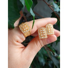 Midyat Nurtaş Gümüş Zirkon Taşlı Prenses Model Altın Kaplama Trabzon Hasırı Kadın Gümüş Küpe-Yüzük Set 201025271