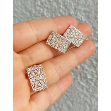 Midyat Nurtaş Gümüş Zirkon Taşlı Çiçek Model Trabzon Hasırı Kadın Gümüş Küpe-Yüzük Set 201025275