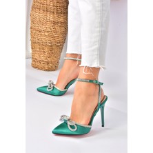 Fox Shoes Yeşil Saten Kumaş Taşlı Kadın Topuklu Ayakkabı K654051204