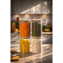 Porsima 416 4lü 950 ml Bambu Vakumlu Kapaklı Cam Kavanoz Seti Saklama Kabı 10X15CM