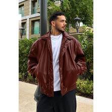 Çerme Vintage Erkek Oversize Bordo Deri Ceket