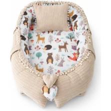 Jaju Baby Orman Desenli Bej Örgü Kumaş Lüx Babynest - Güvenli Bebek Uyku Yatağı