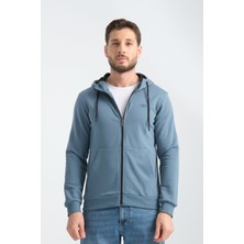 Orman Yeşili Erkek Üç Iplik Şardonsuz Fermuarlı Kapüşonlu Sweatshirt  L