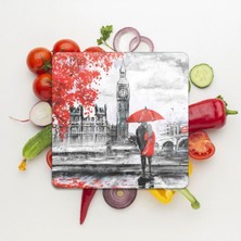 Feyza Design Kare Love London Desenli Cam Sunum Tabağı 30X30 cm