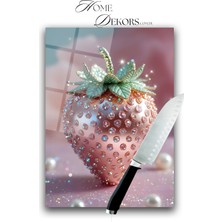 Feyza Design Pembe Çilek Kristal Taşlı Cam Kesme Tablası 35X25 Cm, Şık ve Kullanışlı