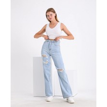 Lenithra Kadın Yüksel Bel Palazzo Geniş Paça Salaş Denim Jean Likrasız