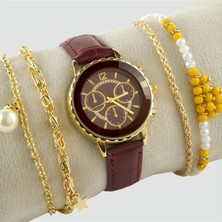 SiHako Bordo Kayışlı Bayan Kol Saati ve Bileklik Kombini