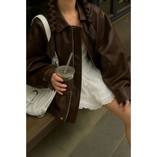Çerme Vintage Kadın Oversize Kahverengi Deri Ceket