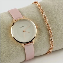 SiHako Pembe Kayışlı Bayan Kol Saati ve Bileklik Kombini