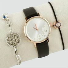 SiHako Çiçek Kayışlı Bayan Kol Saati ve Bileklik Kombini