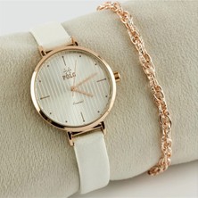 SiHako Çizgili Kayışlı Bayan Kol Saati ve Bileklik Kombini