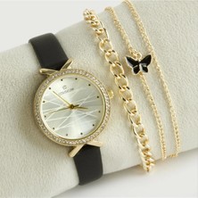 SiHako Çizgili Kayışlı Bayan Kol Saati ve Bileklik Kombini