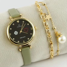 SiHako Kalp Çiçek Kayışlı Bayan Kol Saati ve Bileklik Kombini