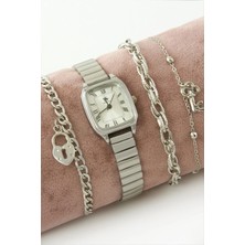 SiHako Kare Metal Kordonlu Bayan Kol Saati ve Bileklik Kombini