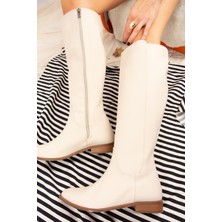 Fox Shoes Kadın Klasik Çizme Bej Suni Deri Düz Topuk Günlük Şık Tasarım