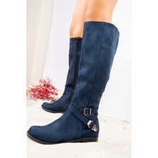 Fox Shoes Lacivert Süet Kadın Çizme E726203402 Kısa Topuklu Şık Tasarım Konforlu Günlük Kullanım