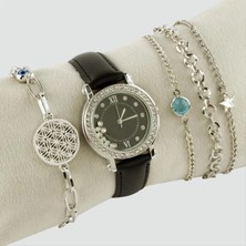 SiHako Taşlı Kayışlı Bayan Kol Saati ve Bileklik Kombini