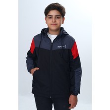 Toontoy Erkek Çocuk Dik Yaka Kapüşonlu Fermuarlı Cepli Baskılı Renk Bloklu Dokuma Yağmurluk -