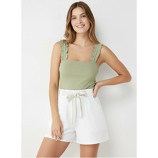 Merlot Kare Yaka Fırfır Detaylı Ribana Bluz Yeşil