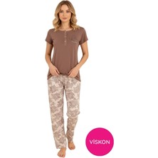 Seamlife Kadın Kahverengi Etnik Desenli Düğmeli Bisiklet Yaka Kısa Kol Slim Fit Yazlık Homewear Pijama Takımı