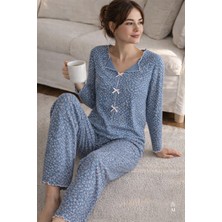 Kadın Pamuklu Çıtır Çiçek Desenli Baby Overloklu Fiyonk Detaylı Uzun Kollu Pijama Takımı