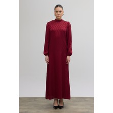 Vavinor Yan Bağcık Detaylı Jakar Elbise - Bordo