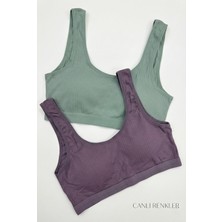 Underwear Bodyway Büyük Beden 2'li Kalın Askılı Fitilli Büstiyer Seti - Yanları Kapatan Pamuklu Crop Yarım Atlet - Uyku Sütyeni